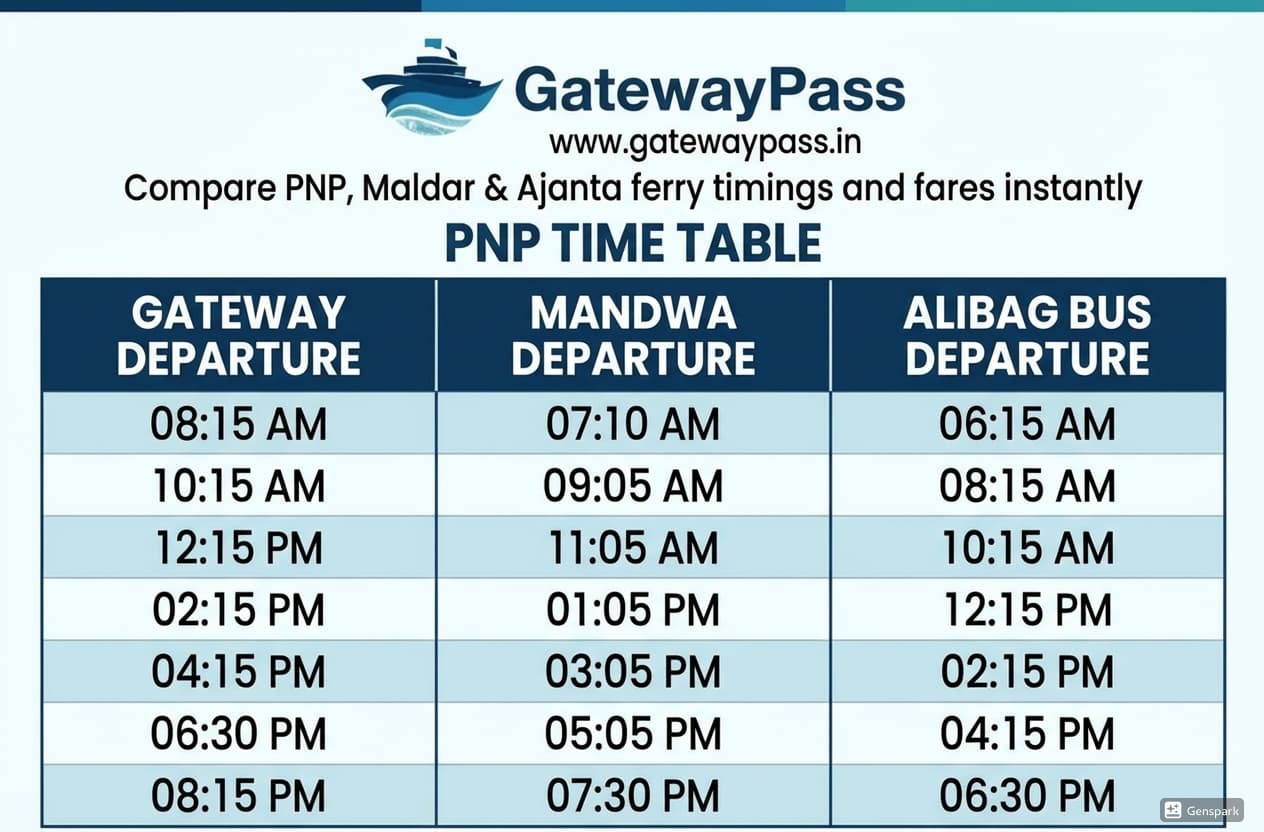 PNP ferry timetable showing Gateway of India departure times at 08:15 AM, 10:15 AM, 12:15 PM, 02:15 PM, 04:15 PM, 06:30 PM, 08:15 PM and Mandwa departure times at 07:10 AM, 09:05 AM, 11:05 AM, 01:05 PM, 03:05 PM, 05:05 PM, 07:30 PM with Alibag bus connections